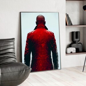 Pôster Cyberpunk: Homem de Casaco Vermelho, Arte de Parede Gamer Minimalista