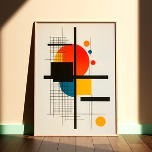 May include: A framed abstract geometric art print with a white background and black lines. The print features a large red circle, a smaller yellow circle, a blue circle, and a black square.