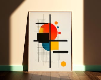 May include: A framed abstract geometric art print with a white background and black lines. The print features a large red circle, a smaller yellow circle, a blue circle, and a black square.
