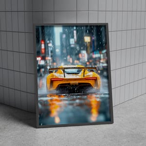 Póster de superdeportivo de neón Vaporware, arte mural cyberpunk, arte mural masculino para gamers y aficionados a la tecnología, impresión de carreras callejeras bajo la lluvia