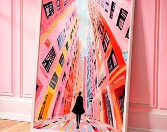 May include: A colorful painting of a city street with tall buildings and a person walking down the middle. The buildings are painted in shades of pink, yellow, and blue. The person is wearing a black coat and is walking towards the viewer.