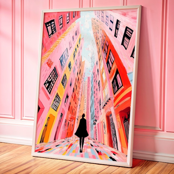 Dopamine Decor Poster with Pink Streets and Modern Wanderer, Feminine City Art Print, Colorful Pop Art, Vibrant Home Decor