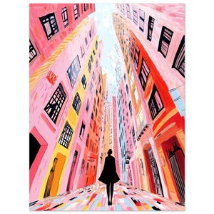 Dopamine Decor Poster with Pink Streets and Modern Wanderer, Feminine City Art Print, Colorful Pop Art Wall Decor, Vibrant Home Decor