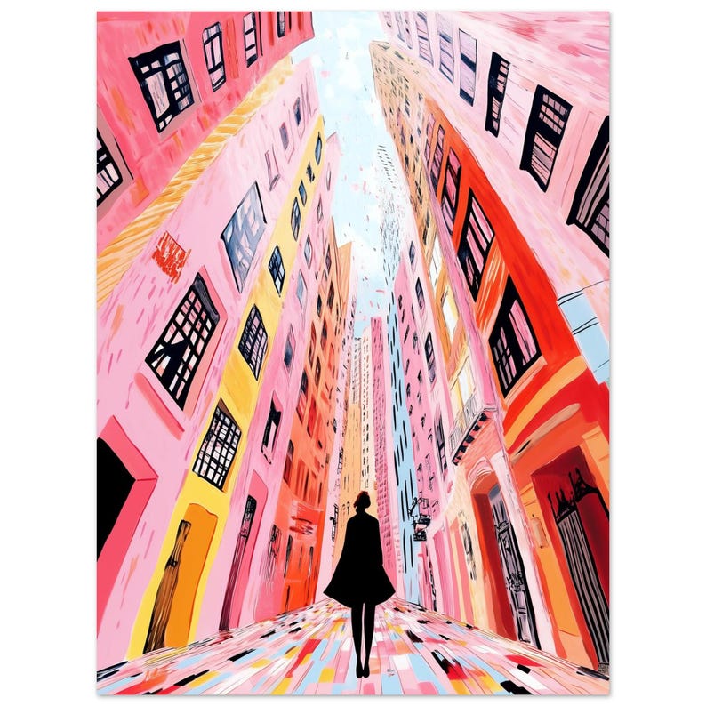 Dopamine Decor Poster with Pink Streets and Modern Wanderer, Feminine City Art Print, Colorful Pop Art Wall Decor, Vibrant Home Decor