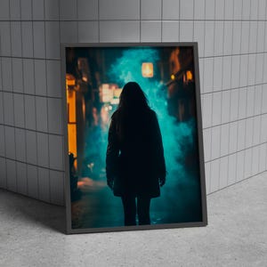 Póster de cyberpunk distópico, arte mural urbano noir para gamers, impresión de estética oscura para una decoración moderna del hogar.