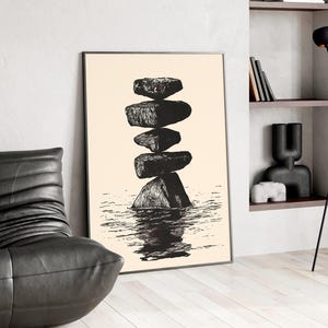 Stampa artistica da parete Wabi Sabi, poster Japandi Zen, opera d'arte minimalista Stone Balance, arredamento per la casa sereno / Floating Balance