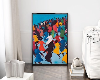 Dancing Crowd Maximalist Poster, Contemporary Afro Art Print, Vibrant Aesthetic Wall Art, Modern Figurative Painting for Statement Decor