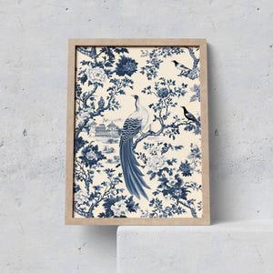Arte mural de estilo chinoiserie, póster de pájaro azul, arte mural botánico vintage, estampado floral retro, estampado de paisaje tradicional chino