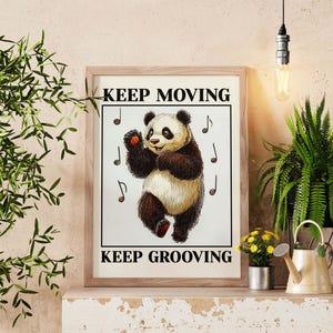 Arte mural con cita de panda bailando, póster de animales con estética cottagecore, impresión artística vintage caprichosa, decoración de pared retro de panda, decoración divertida para el hogar
