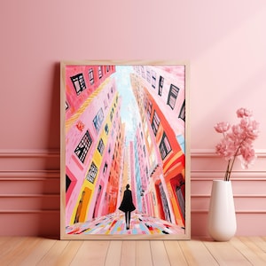 May include: A painting of a person walking down a narrow street lined with colorful buildings. The buildings are painted in shades of pink, yellow, and blue. The person is wearing a black coat and is walking towards the viewer.