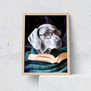 Stampa artistica da parete con cane divertente, poster con cane che legge, regalo d'arte con animali carini per amanti degli animali e dei libri, decorazione da parete per biblioteca