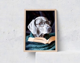 Puede incluir: Un perro gris y blanco con gafas y una bufanda turquesa está leyendo un libro. El perro está mirando hacia la derecha del marco.