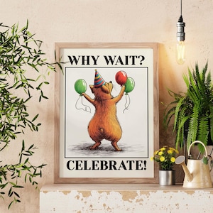 Colorful Pop Art Dog Poster, Whimsical Party Dog Wall Decor, Vintage Animal Print, Happy Quote Wall Art, Playful Home Decor