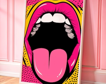 Y2K Pop Art Print, Hot Pink Tongue, Dopamine Decor