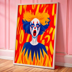 Arte de parede Clowncore, pôster de decoração de dopamina ousado, impressão de palhaço gritando emocional, arte de declaração maximalista para interiores ousados