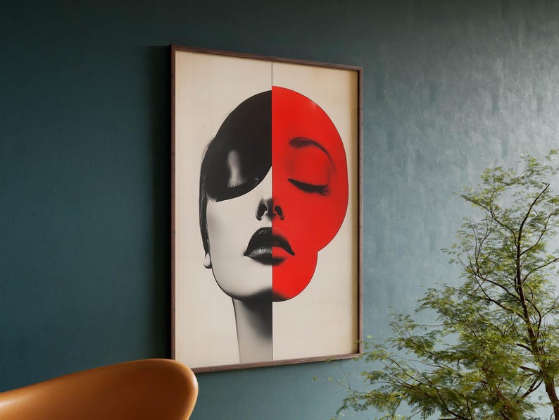 Mid Century Modern Woman Art Print, Red Black Abstract Portrait - Etsy