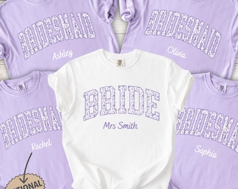Custom Floral Bride Shirt, Purple Toile Bridesmaid Tee, Comfort Colors® Bachelorette Party Name Gift