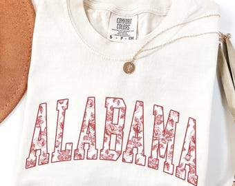 Floral Alabama Shirt, Comfort Colors® Red Rose Toile Collegiate  Tee, Vintage State Pride Gift