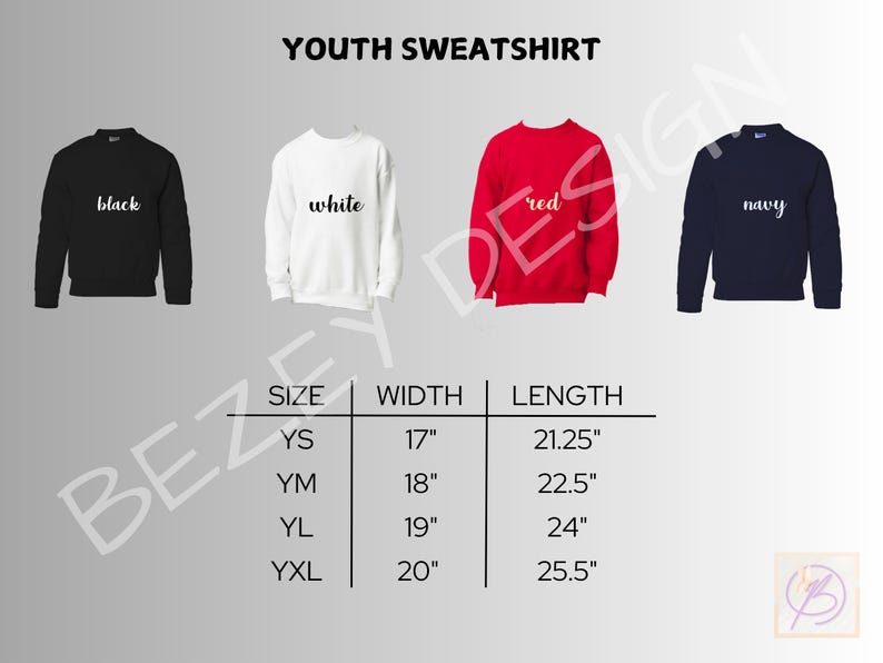 Pode incluir: Quatro camisolas juvenis em preto, branco, vermelho e azul marinho. Uma tabela de tamanhos mostra as medidas de largura e comprimento em polegadas para os tamanhos YS, YM, YL e YXL. O texto YOUTH SWEATSHIRT est&aacute; no topo.