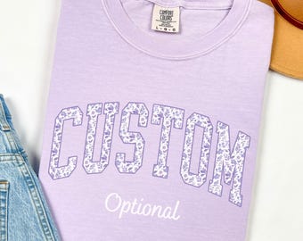 Custom Comfort Colors® Purple Floral Shirt, Custom Text Shirt, Personalized Toile Gift, Custom Spirit Name T-shirt, Custom Matching Tee