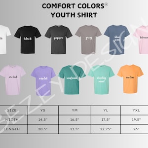 May include: A display of Comfort Colors youth shirts in various colors, including white, black, and blue jean. The image also shows size measurements in inches for YS, YM, YL, and YXL sizes, with width and length dimensions.