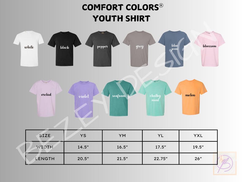 May include: A display of Comfort Colors youth shirts in various colors, including white, black, and blue jean. The image also shows size measurements in inches for YS, YM, YL, and YXL sizes, with width and length dimensions.