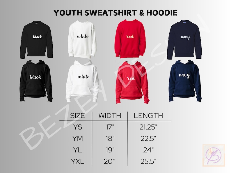 May include: A collection of youth sweatshirts and hoodies in black, white, red, and navy. Each garment is labeled with its color. A size chart is included, listing widths and lengths in inches for sizes YS, YM, YL, and YXL, ranging from 17 to 25.5 inches.