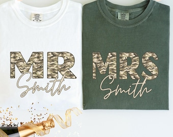 Personalized Mr and Mrs Family Name Camo Matching Honeymoon Shirt, Wedding Gift, Custom Wifey Hubby, Anniversary Couple Comfort Colors® Tee