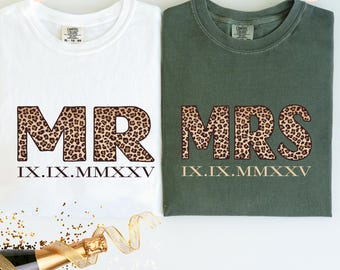 Personalized Leopard Mr & Mrs Anniversary T-Shirt: Comfort Colors® Roman Numeral Wedding Tee, Honeymoon Gift