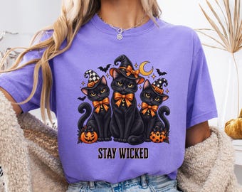 Black Cat Halloween Shirt, Comfort Colors® Stay Wicked Tee, Witchy Cat Gift