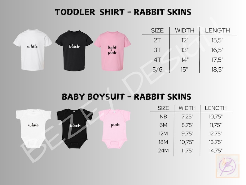 Pu&ograve; includere: Una tabella delle taglie per t-shirt da bambino e body per neonati Rabbit Skins. La tabella mostra opzioni di abbigliamento bianche, nere e rosa chiaro con le relative misure di larghezza e lunghezza in pollici per le taglie da 2T a 5/6 e da NB a 24M.