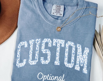 Blue Toile Custom Name Shirt, Comfort Colors® Floral Personalized Text Gift, Matching Spirit Tee