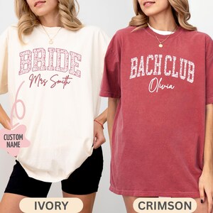 Celebrate in style with our matching Comfort Colors Bride and Bach Club matching shirts in red toile print! Perfect for bachelorette parties, bridal showers, and destination weddings. Customize with names for a personal touch. A soft, floral tee your bridal crew will love for summer festivities and beyond!