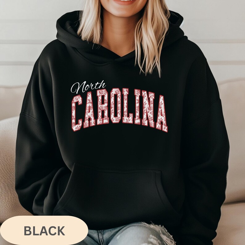 Floral North Carolina Sweatshirt, Red Rose Toile Collegiate Hoodie, Vintage Floral State Pride Gift image 7