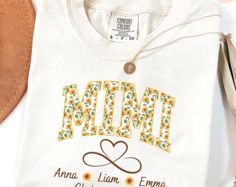 Personalized Comfort Colors® Mimi Shirt with Grandkids Names, Custom Sunflower Grandma Tshirt, Mothers Day Gift for Nana, Infinity Heart Tee