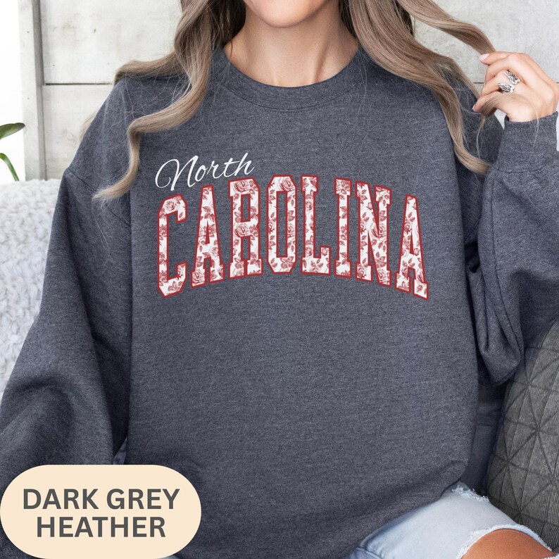 Floral North Carolina Sweatshirt, Red Rose Toile Collegiate Hoodie, Vintage Floral State Pride Gift image 3