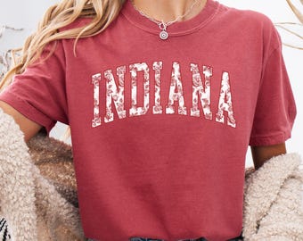 Floral Indiana Shirt, Comfort Colors® Red Rose Toile Collegiate Tee, Vintage State Pride Gift