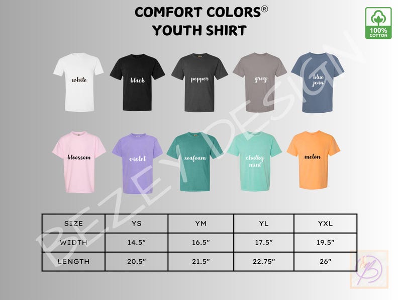 以下が含まれることがあります： 白、黒、ペッパー、グレー、ブルージーンズなど、さまざまな色のComfort Colorsユースシャツのディスプレイ。その他の色は、ブロッサム、バイオレット、シーフォーム、チョーキーミント、メロンです。画像には、インチ単位の寸法を含むサイズチャートも含まれています。