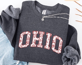 Floral Ohio Sweatshirt, Red Rose Toile Collegiate Hoodie, Vintage Floral State Pride Gift