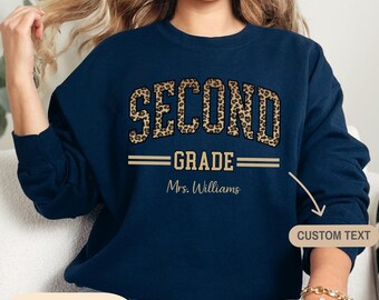 Personalized 2nd Grade Teacher Sweatshirt, Leopard Custom Name Hoodie, Second Grade Gift