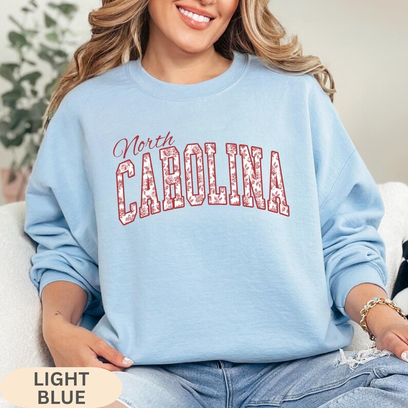 Floral North Carolina Sweatshirt, Red Rose Toile Collegiate Hoodie, Vintage Floral State Pride Gift image 9