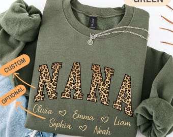 Custom Leopard Nana Sweatshirt with Grandkids' Names, Personalized Cheetah Print Hoodie, Mother's Day Gift