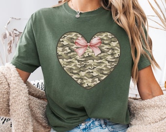 Camo Heart Shirt, Comfort Colors® Pink Bow Tee, Girly Country Coquette Gift