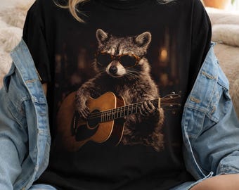 Maglietta divertente con procione e chitarra, maglietta divertente con procione, maglietta con animale e musica, maglietta con procione e occhiali da sole, per amanti della musica, maglietta con grafica di procione