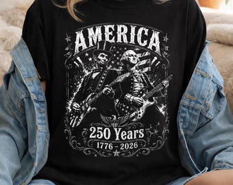 Maglietta con chitarre di George Washington e Abraham Lincoln, Maglietta America 250 Years 1776-2026, Maglietta grafica patriottica USA, Vintage 4 luglio