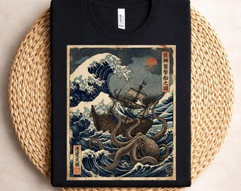 Maglietta Comfort Colors® con polpo dalle onde giapponesi, maglietta con kraken in stile Ukiyo-e vintage, maglietta con arte marina samurai, regalo per gli amanti degli anime e del mare