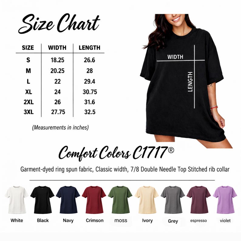 Pu&ograve; includere: T-shirt nero con tabella taglie e opzioni colore. La tabella taglie mostra le misure in pollici per le taglie S-3XL. I colori includono bianco, nero, blu navy, cremisi, muschio, avorio, grigio, espresso e viola.