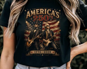 Maglietta patriottica per il 250° anniversario dell'America, con George Washington e Abraham Lincoln che usano la chitarra, 4 luglio 1776-2026, grafica patriottica USA.