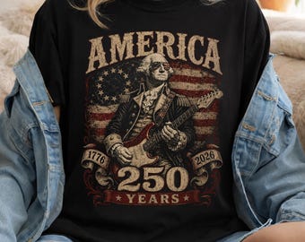 Maglietta "Americas 250 years 1776-2026", maglietta con George Washington che suona la chitarra, maglietta grafica patriottica USA, maglietta vintage del 4 luglio