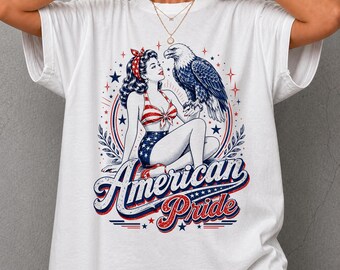 Maglietta American Pride, maglietta vintage USA con ragazza e aquila, t-shirt con grafica di aquila calva, maglietta retrò americana, abbigliamento USA Pride, 4 luglio